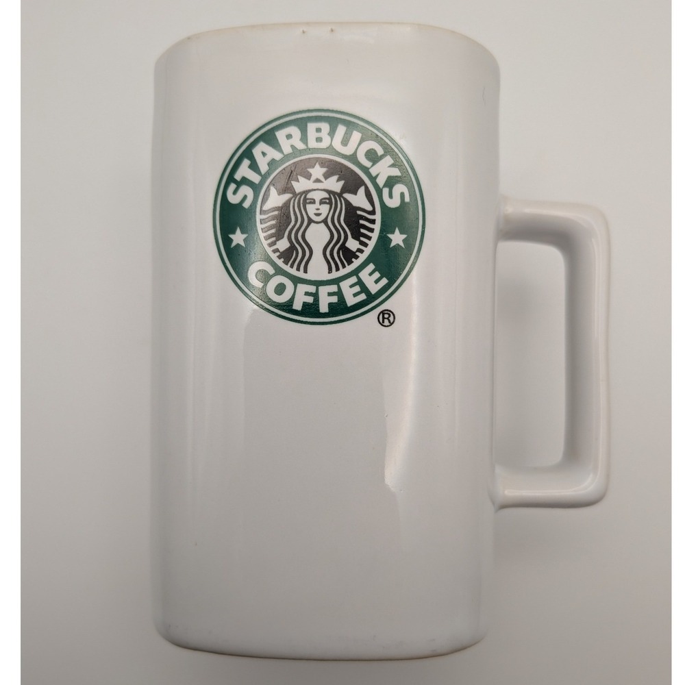 Starbucks Coffee 2007 Square Ceramic Mug 12oz White Green Siren Logo Vintage